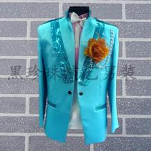 Traje azul cielo para hombre, trajes masculinos, trajes de escenario para cantantes, Blazer de lentejuelas, Ropa de baile, vestido de chaqueta con estilo Rock, moda 2024 - compra barato