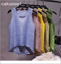Cakucool Bling knitted Tank Top camis summer Women Sequins Shiny Lurex Hollow Out Sleeveless Shirt Sexy clothes female 5 colors 2024 - buy cheap