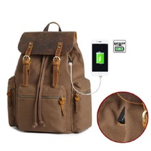 M193 Fashion Vintage Leather Military Canvas Backpack External USB School Bag Drawstring Backpack Women Bagpack Male Rucksack 2024 - buy cheap