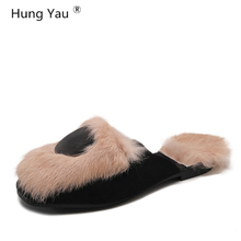 Hung Yau Autumn Flock Women Shoes Comfortable Outdoor Leather Women Slippers Flats Winter Faxu Fur Slipper Female Slides Shoes 2024 - buy cheap