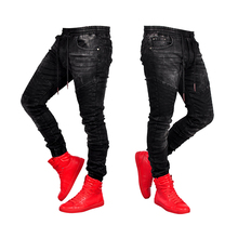 Джинсы мужские с эластичным поясом, уличная одежда, облегающие черные джинсовые штаны, потертые рваные узкие Стрейчевые повседневные Джоггеры в стиле хип-хоп 2024 - купить недорого