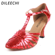 DILEECHI Autumn and Winter soft outsole women's Red Silver PU adult Latin dance shoes high-heeled 7.5cm Ballroom dancing shoes 2024 - buy cheap