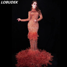 Vestido largo de noche para mujer, traje de sirena con plumas y diamantes de imitación naranja, para fiesta de graduación y escenario, novedad de 2019 2024 - compra barato