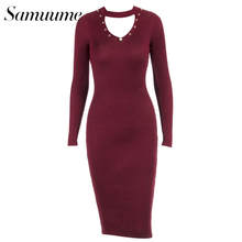 Samuume Women Fashion Elegant Knitted Wrap Dresses New Arrival Long Sleeve Pearl Printed V-Neck Midi Pencil Dress R1709064 2024 - buy cheap