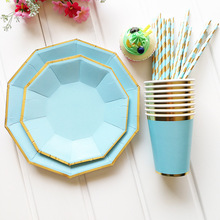 Gold Blocking Blue Solid Color Disposable Tableware Set Paper Plates Cups Straws Party Wedding Carnival Tableware Supplies Decor 2024 - buy cheap