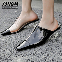 ISNOM Leather Slippers Woman Square Toe Footwear Pvc Transparent Slides Fashion Crystal Heel High Shoes Female Mules Shoes Women 2024 - buy cheap
