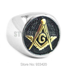 Free Shipping! Gold Masonic Ring Stainless Steel Jewelry Freemasonry Symbol Motor Biker Men Ring SWR0013G 2024 - buy cheap