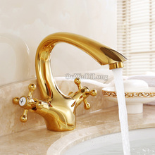Oro/cuello de cisne rosa de oro, Cuenca del grifo del baño doble de vanidad lavabo grifo mezclador 1 Agujero GD04 2024 - compra barato