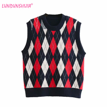 LUNDUNSHIJIA 2019 Spring Autumn Patchwork Sweater Vest Women Sleeveless O-Neck Knitted Vests Female Casual Classic Rhombus Plaid 2024 - buy cheap