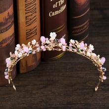 FORSEVEN Romantic Pink Color Flower Crystal Beads Tiara Crowns de Noiva Headband Diadem Bride Wedding Hair Jewelry Accessories 2024 - buy cheap