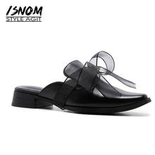ISNOM 2018 Brand Designer Women Mules Shoes Med Heel Cow Leather Butterfly Knot Footwear New Summer Fashion Casual Ladies Shoes 2024 - buy cheap