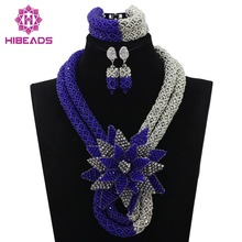 Últimas Azul Royal/Prata Beleza Conjunto Colar de Noiva de Cristal Conjunto de Jóias Africano Traje Floral Broche de Flor Frete Grátis WD351 2024 - compre barato