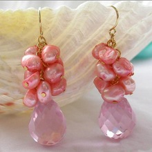 Elegant 100% Genuine Freshwater Pearl Dangle Earrings For Women,Pink Crystal Pearl Jewellery 2024 - buy cheap