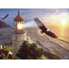 Mosaico de arte diy, farol bordado com bordado, pintura de diamante, pôr do sol e águia, ponto de cruz, bordado de diamante 2024 - compre barato