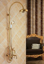 Bañera de cisne montada en pared dorada, grifo relleno de ducha de lluvia con ducha de mano 2024 - compra barato