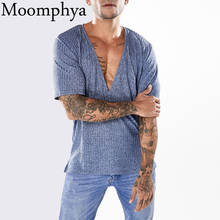 Moomphya Deep V-Neck raised striped men t shirt side Split open t-shirt men Hip hop tshirt streetwear cool summer tops 2024 - buy cheap