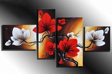100% Hand made promotion bloom sky red Flowers High Q. Abstract landscape Wall Decor Oil Painting on canvas 4pcs/set Framed 2024 - buy cheap