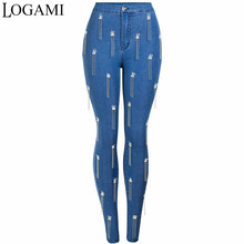 Logami calça jeans feminina elástica cintura alta fashion nova calça jeans lápis azul 2024 - compre barato