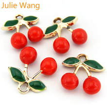 Julie Wang 3PCS Enamel Red Cute Cherry Fruit Charms Necklace Pendant Earrings Findings DIY Jewelry Making Accessory 2024 - buy cheap