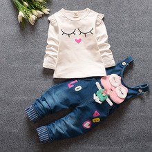 Conjunto de roupas 2 peças para meninas, blusa de algodão com desenho animado e calça bib 2024 - compre barato