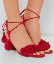Hot sale new design women fashion Ankle Straps tassel med heel sandals lace up sexy chunky heeled fringe Summer dress shoes 2024 - buy cheap