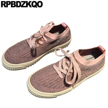 Lace Up Round Toe Slip On Wide Fit Shoes Ladies Breathable Pink Drop Shipping Flats Sneakers Women Elastic Mesh Fashion Korean 2024 - buy cheap