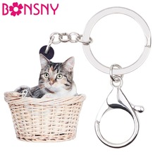 Bonsny Acrylic Sweet Basket Kitten Cat Key Chains Keychains Rings Animal Jewelry For Women Girl Pet Lover Bag Car Pendant Charms 2024 - buy cheap