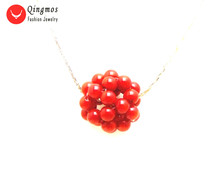 Qingmos colar com pingente coral natural, feminino, com artesanato, tecelagem, 18mm, bola de coral vermelho e 17 ", colar nec6197 2024 - compre barato