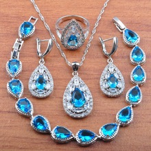 Conjunto de joyas de circonia azul cielo para mujer, aretes, collar, colgante, anillos, pulsera JS0337, Color plateado, Dubái, novedad de 2020 2024 - compra barato