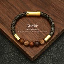 Reamor pulseira de couro masculina, bracelete de couro trançado preto com pedra natural bracelete dourado 316l, pulseira com fecho embutido 2019 2024 - compre barato