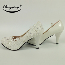 BaoYaFang Round Toe White Flower wedding shoes women's Pumps fashion Dress shoes Round Toe Patent leather Ladies Pumps 2024 - buy cheap