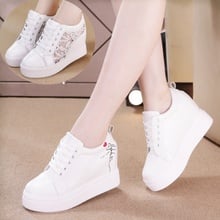 Women Wedge Platform Rubber Brogue Leather Lace Up High heel 7 cm Shoes Pointed Toe Increasing Creepers White Silver Sneakers 2024 - buy cheap