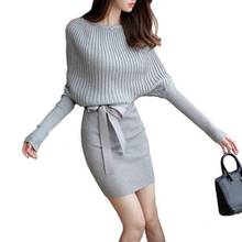 Новый Для женщин Платья-свитеры осень тонкий рукав "летучая мышь" Bodycon Платья для женщин эластичные платье краткое черный вязаное платье vestidos с поясом 2024 - купить недорого