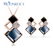 MOONROCY Drop Shipping Rose Gold Color Necklace and Earrings Square Grey Brown Crystal Jewelry Set for Women Girls Gift 2024 - buy cheap
