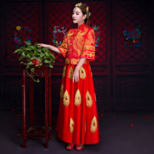 Vestido de casamento chinês tradicional 2018 novo mangas compridas cheongsam feminino phoenix bordado vestido moderno qipao vestidos vermelho qi pao 2024 - compre barato