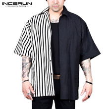 INCERUN 2021 Fashion Striped Patchwork Men Shirt Short Sleeve Personality Loose Lapel Neck Casual Brand Shirts Men Camisa S-5XL 2024 - buy cheap