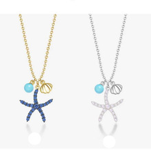 SLJELY Real 925 Sterling Silver Cute Blue Starfish Pendant Necklace with Shell Zircon Stones for Women Summer Fashion Jewelry 2024 - buy cheap