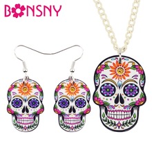 Bonsny Statement Acrylic Halloween Floral Punk Skull Earrings Necklace Jewelry Sets For Women Girls Teen Festival Gift Wholesale 2024 - buy cheap