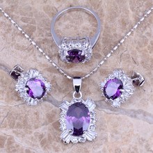 Purple Cubic Zirconia White CZ Silver Plated Jewelry Sets Earrings Pendant Ring Size 6 / 7 / 8 / 9 / 10 S0082 2024 - buy cheap