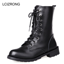 LCIZRONG Winter Leather 3.5CM Heel Motorcycle Boots Women Large Size Fashion Plush Warm Lace-Up Ankle Boots British Style Shoes 2024 - buy cheap