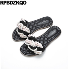 Beaded Summer 2021 Black Pearl Shoes Wedding Ladies Slippers Footwear Women Fashion Designer Sandals Chinese Embellished Slides 2024 - buy cheap