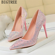 Zapatos de tacón de cristal para mujer, calzado de boda con diamantes de imitación, color rosa, Ayakkabi, novedad de 2021 2024 - compra barato