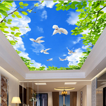 Papel tapiz fotográfico de techo 3D para sala de estar, murales HD de cielo azul, hoja verde, palomas blancas, decoración Interior acogedora para el hogar, Hotel 2024 - compra barato