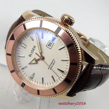 Relógio masculino com mostrador branco, pulseira em couro com moldura rotativa de 46mm, estojo dourado rosa, marca de luxo com movimento automático 2024 - compre barato