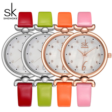 Часы Shengke женские кварцевые с кожаным ремешком, 2019 SK # K0002 2024 - купить недорого