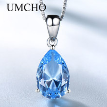 UMCHO Simulate Blue Topaz Pendant Necklace for Women Water Drop Solitaire 925 Sterling Silver Chain Fashion Necklace for Women 2024 - buy cheap