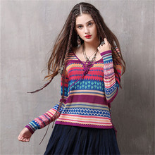 Spring Women 80%Cotton Sweater T shirt 2019 Vintage 20%Wool T shirt V-Neck Long Sleeve Stripe Knitting Lady's T shirt Sweater 2024 - buy cheap