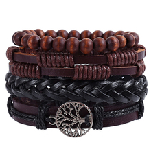 4pcs/set hippie punk black brown band leather wood beads tree of life alloy charm cord knots wrap wide Bracelets Bangles for man 2024 - buy cheap