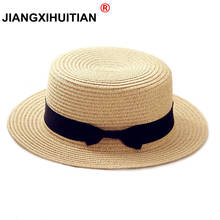 2020 simple Summer Parent-child Beach Hat Female Casual Panama Hat Lady Brand Women Flat brim Bowknot Straw cap girls Sun Hat 2024 - купить недорого