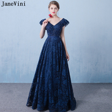 JaneVini Vintage azul marino vestidos largos de dama de honor 2019 A línea elegante mujeres vestido de graduación cuello en V cuentas de encaje Formal fiesta vestidos 2024 - compra barato